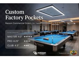 Custom Rasson pool table pocket size options chart showing Master, Pro, and Club dimensions for commercial orders