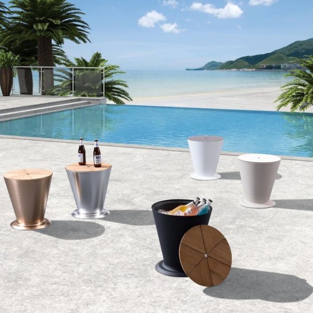 HisoLiving Icoo Side Table Teak Top With Ice Bucket