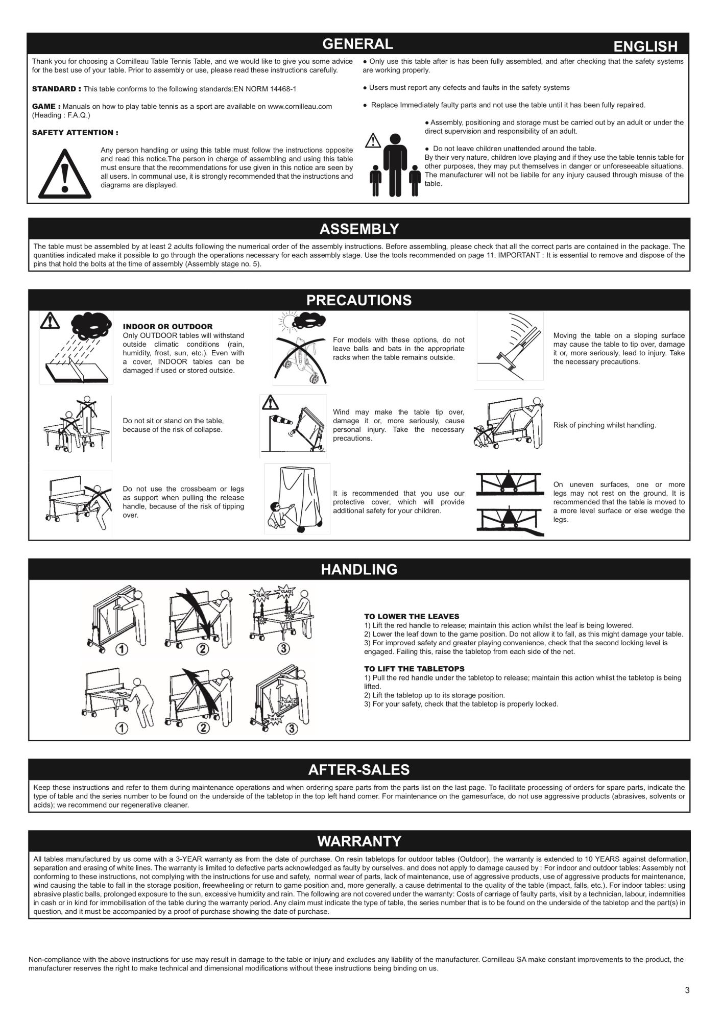 cornilleau table care instruction