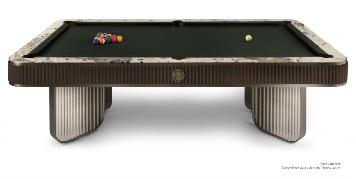 ELIE SAAB x Impatia Plissé luxury billiard table with Simonis Spruce Green cloth and Tabacco leather