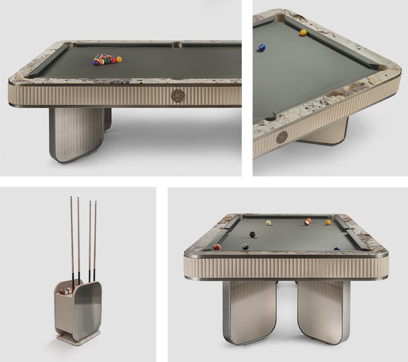 ELIE SAAB x Impatia Plissé luxury billiard table design with matching floor stand cue rack