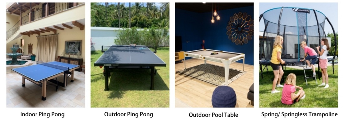 Cornilleau products range: ping pong table, outdoor pool table, springless trampoline