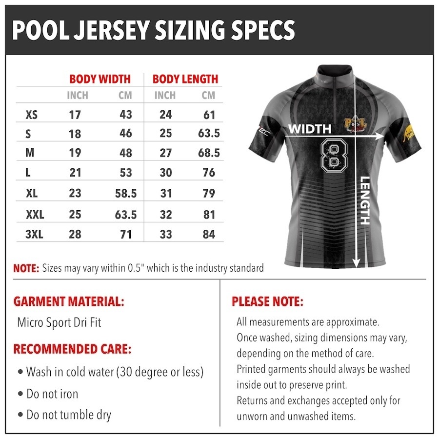 Pool Jersey BLK Size Specs