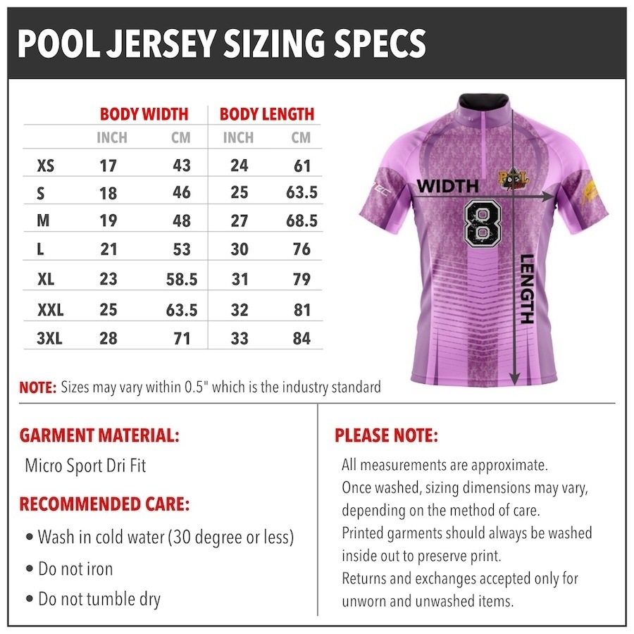 Pool Jersey PNK Size Specs