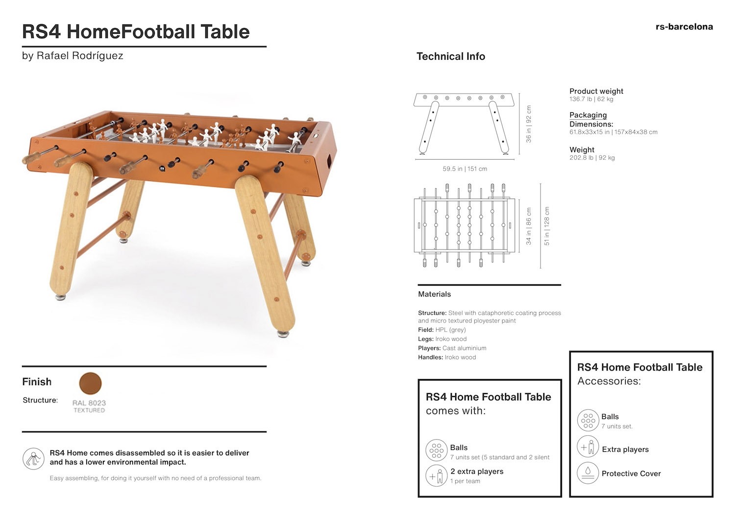 RS4 Home Foosball Table Terracota - specs sheet