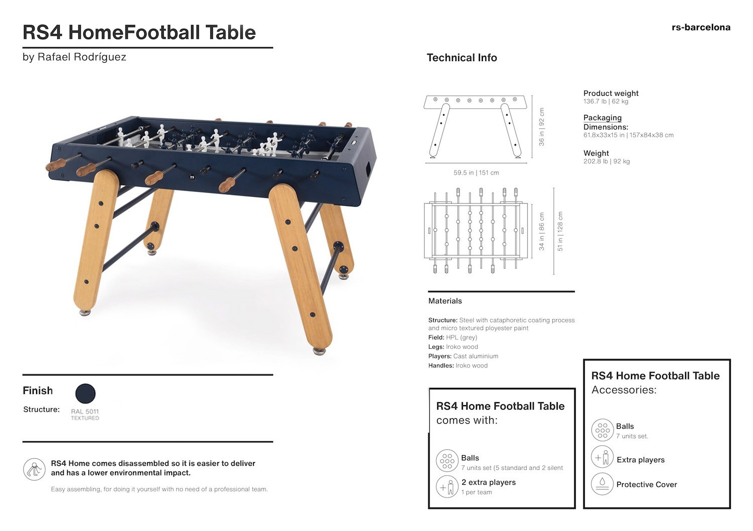 RS4 Home Foosball Table Dark Blue - specs sheet