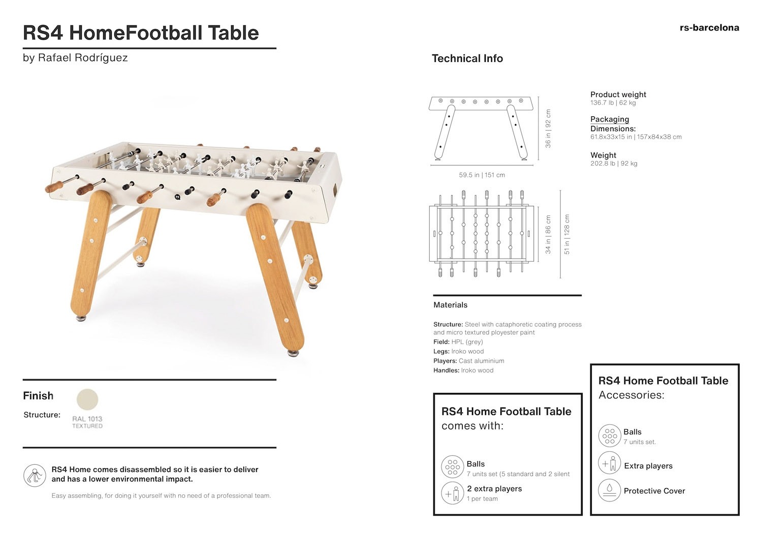 RS4 Home Foosball Table Oyster White - specs sheet
