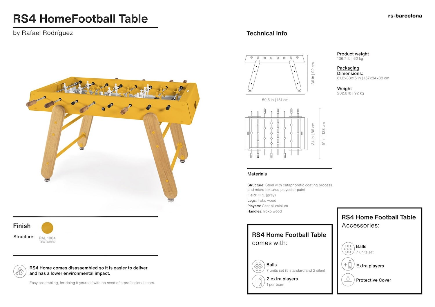 RS4 Home Foosball Table Yellow - specs sheet