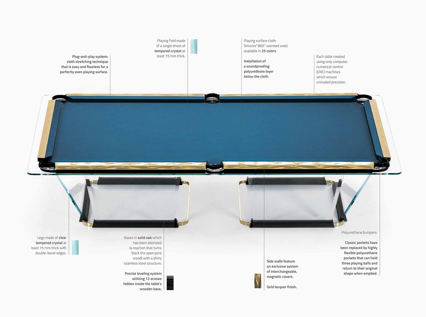 Teckell T1 Gold Edition Crystal Pool Table specs