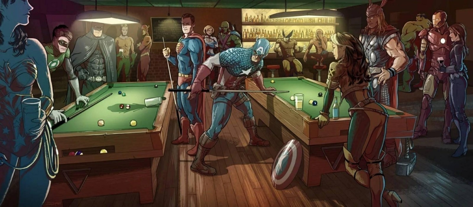 Marvel vs DC Comics characters playing pool 
